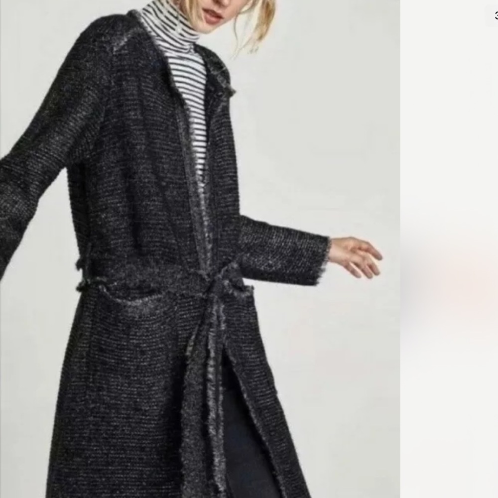 Zara Navy Blue Silver Metallic Shimmer Belted Sweater Cardigan Duster Me…